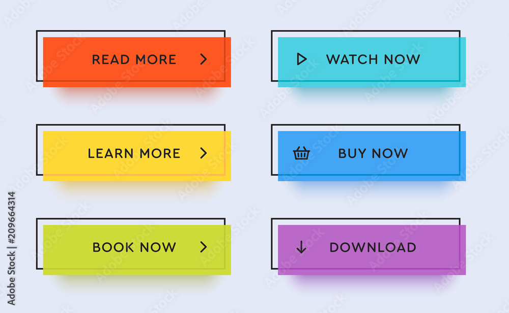 Set of vector modern trendy flat buttons. Different colors of main shapes and icons with black outline frames. Set of vector modern trendy flat buttons. Different colors of main shapes and icons with black outline frames.