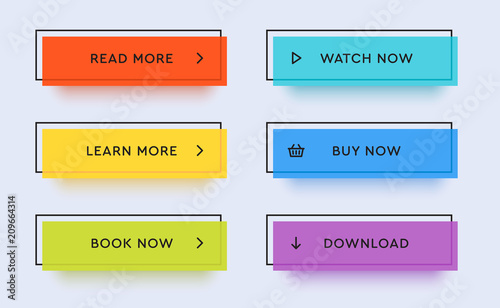 Set of vector modern trendy flat buttons. Different colors of main shapes and icons with black outline frames.