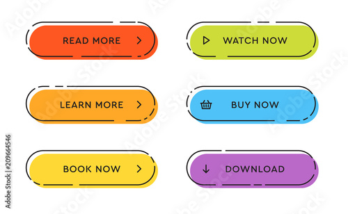 Set of vector modern trendy flat buttons. Different colors of main shapes and icons with black outline frames.