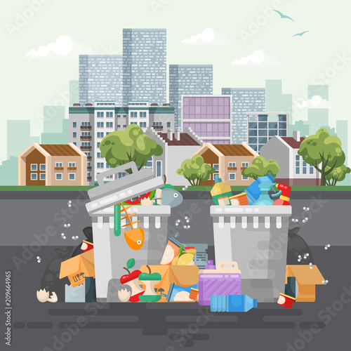 Garbage container vector illustration in modern style. Trash can set with rubbish.
