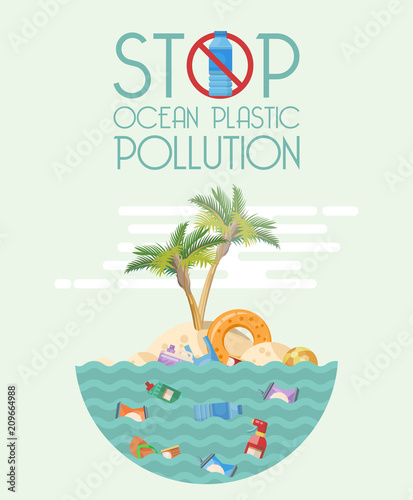 Stop ocean plastic pollution vector illustration in flat design