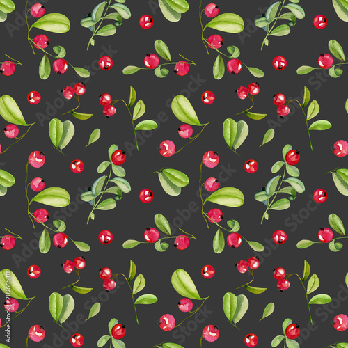 Watercolor cranberry seamless pattern, hand painted on a dark background