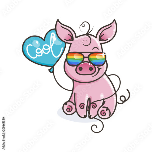 Cute cartoon baby pig in a cool rainbow glasses © Drekhann