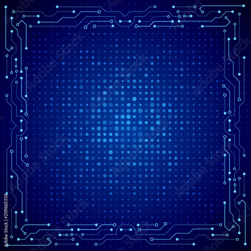 High-tech technology frame on the blue background. Circuit board vector illustration.