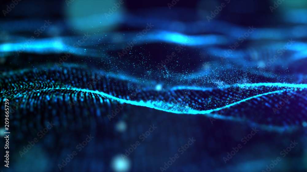 Futuristic Blue digital abstract luxurious sparkling wave particles flow de-focus background - obrazy, fototapety, plakaty 