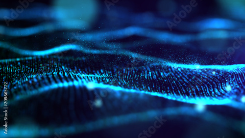 Futuristic Blue digital abstract luxurious sparkling wave particles flow de-focus background
