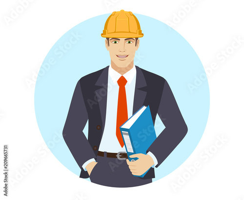 Businessman in construction helmet holding a folder
