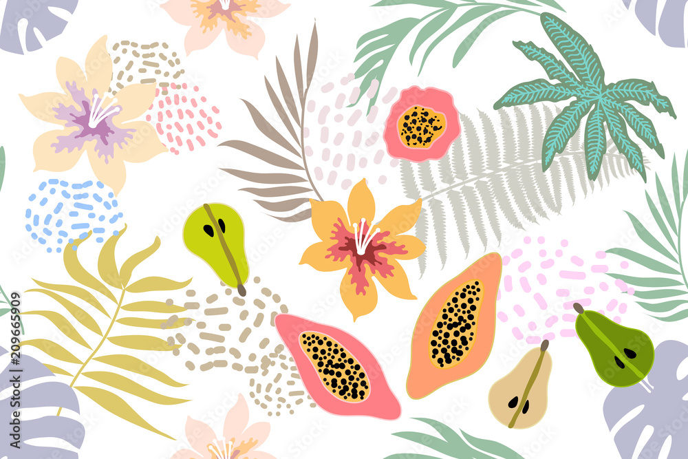 Wide floral pattern with tropical fruits and leaves.