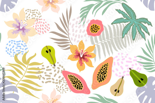 Wide floral pattern with tropical fruits and leaves.