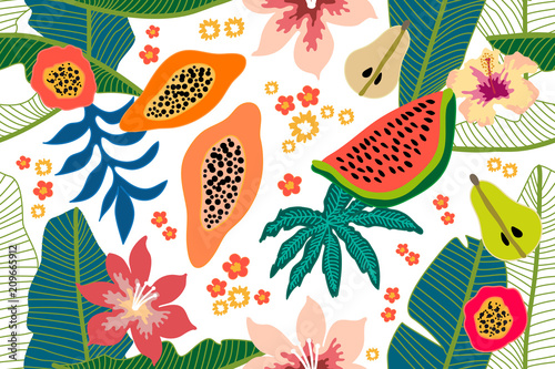 Wide floral pattern with tropical fruits and leaves.