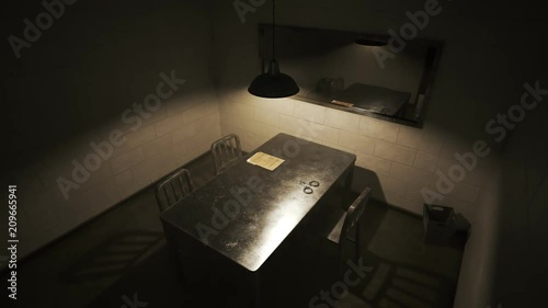 Dark, empty interrogation room seen through the one-way mirror. Investigation