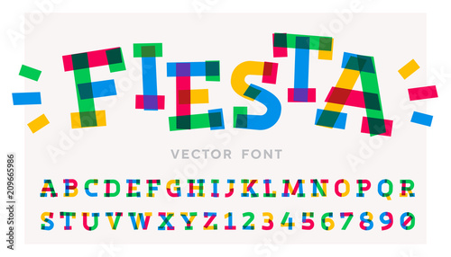 Funny vector font made of colorful strokes and pieces. Latin alphabet from A to Z and numbers from 0 to 9 made of colored tape parts.