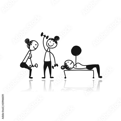 Girls doing sport exercises, sketch for your design