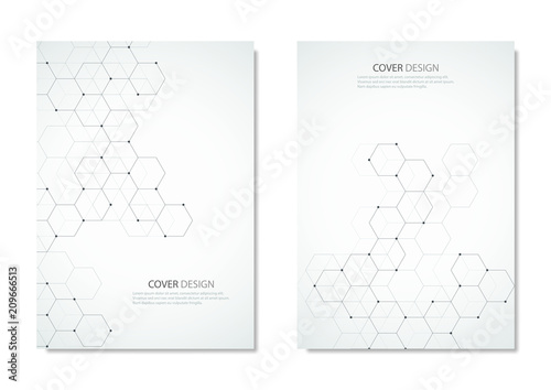 Technology and science vector brochure or cover design. Geometric abstract background with hexagons elements.