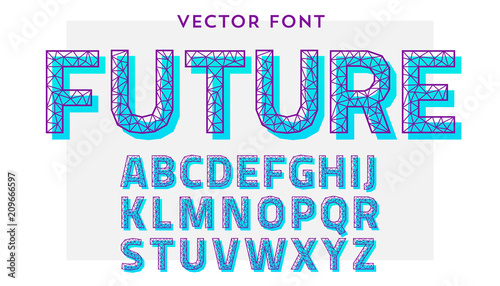 Vector font made of polygonal letters. Latin alphabet from A to Z made of lines and wires connected to each other in geometric shapes.