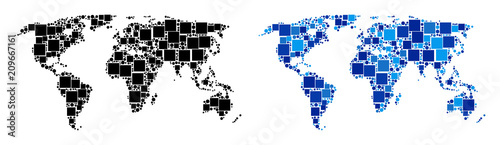 Dotted world map variants. Abstract geographic map version done with blue color tinges. Vector mosaic of world map done of scattered square and spheric items.