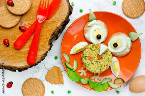 Halloween owl lunch for kids - boiled egg with rice and vegetables