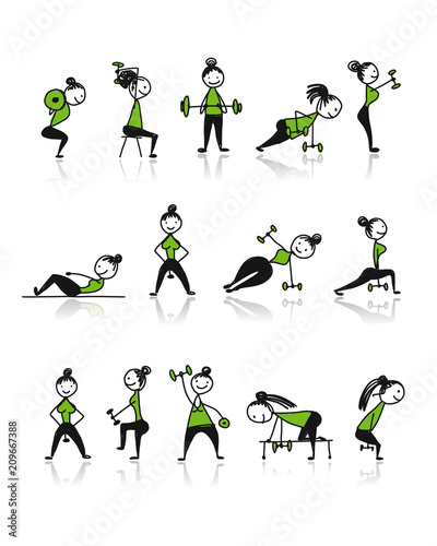 Girls doing sport exercises, sketch for your design