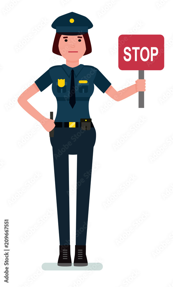Female police officer holding a stop sign. Cartoon character policewoman  isolated on white background. Vector illustration police officer in cartoon  flat style. Stock Vector | Adobe Stock
