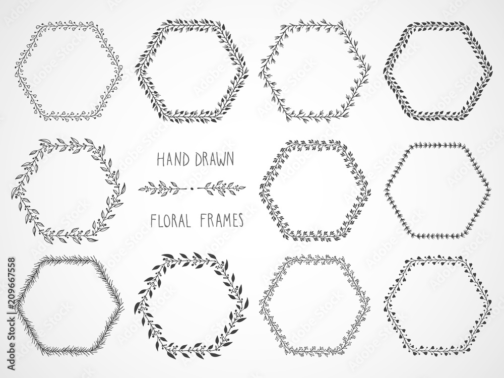 Vector set of floral hand drawn frames and decorative elements. Vector set of floral hand drawn frames and decorative elements.