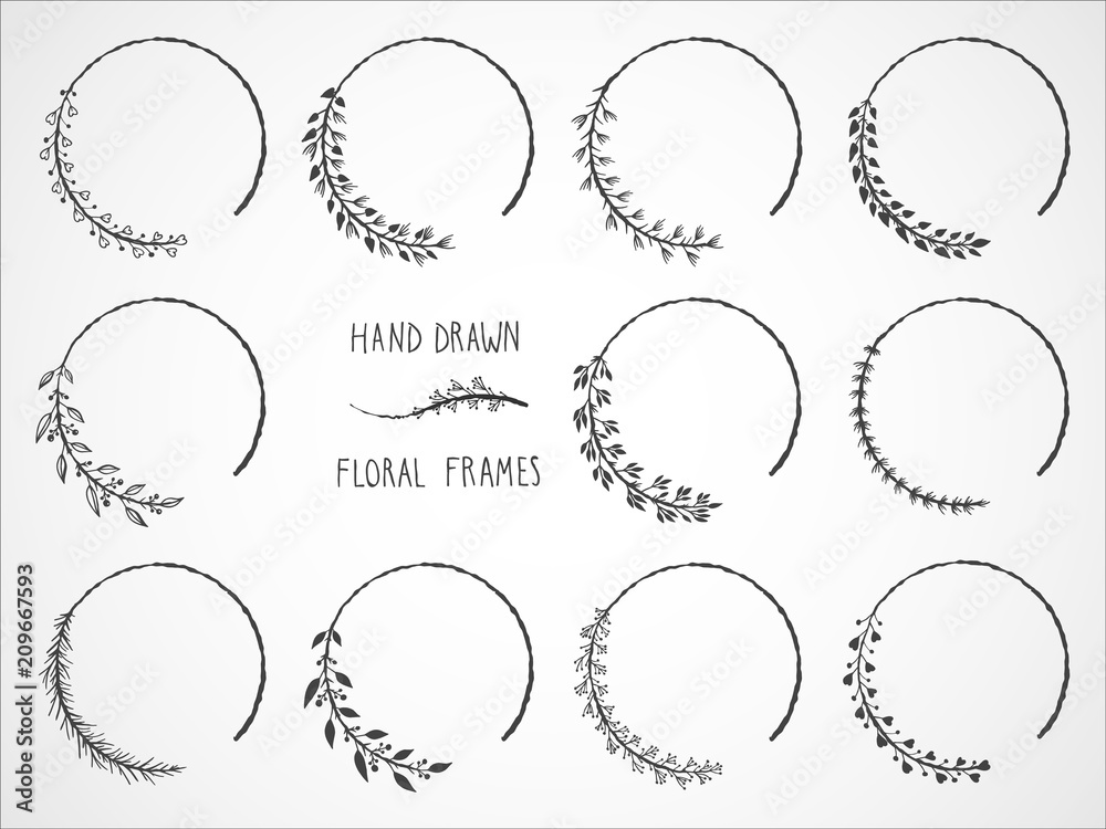 Vector set of floral hand drawn frames and decorative elements. - obrazy, fototapety, plakaty 