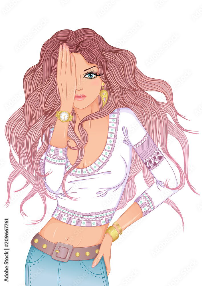 Vector illustration of a beautiful girl with long hair covering the eyes with her hand. Isolated on white background. Vector illustration of a beautiful girl with long hair covering the eyes with her hand. Isolated on white background.