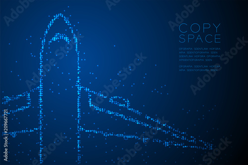 Abstract Geometric Circle dot pixel pattern Airplane shape, transportation concept design blue color illustration isolated on blue gradient background with copy space, vector eps 10
