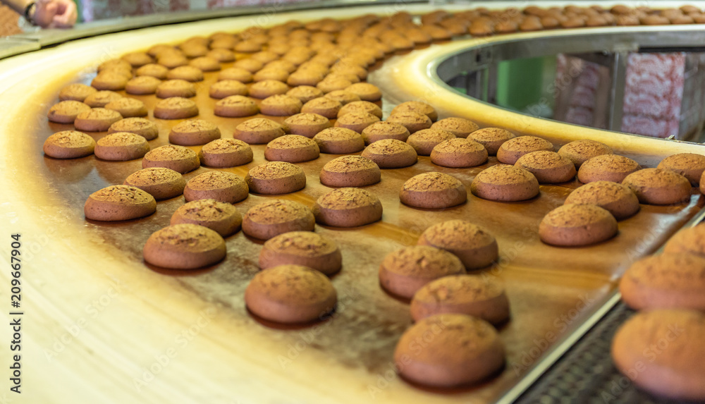 Pastry on conveyor line, food production factory or plant with machinery. Making cookies process Pastry on conveyor line, food production factory or plant with machinery. Making cookies process