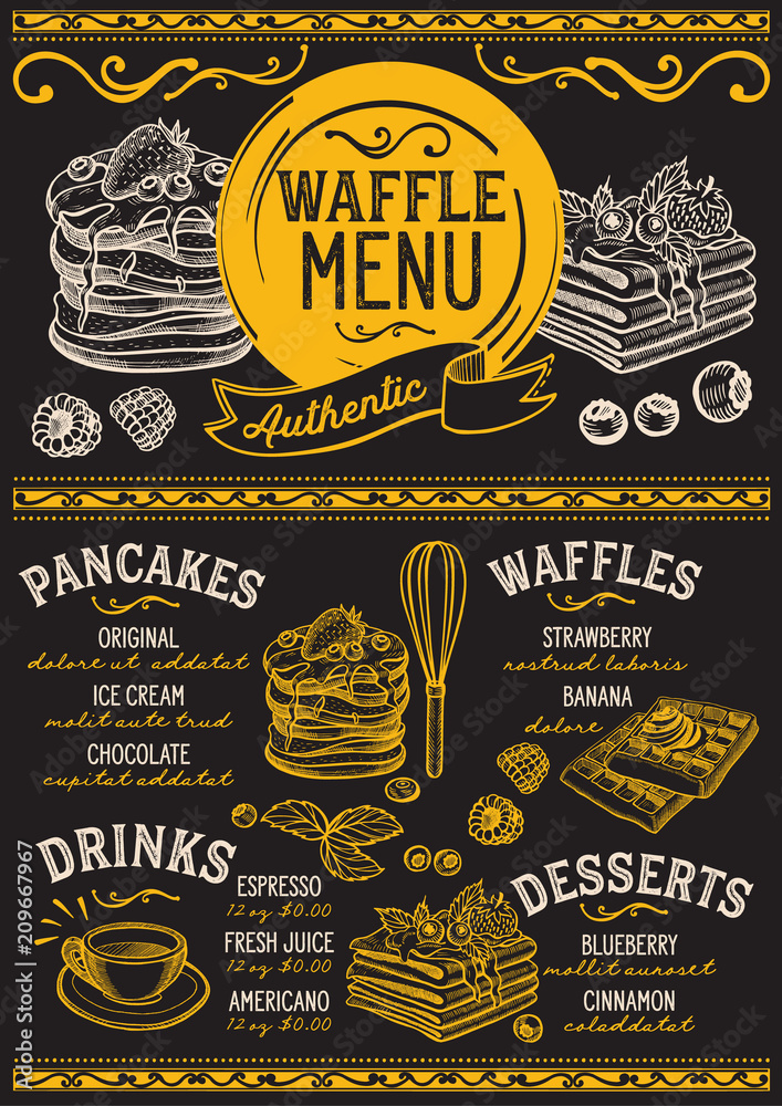Waffles and crepes restaurant menu. Vector pancake food flyer for bar