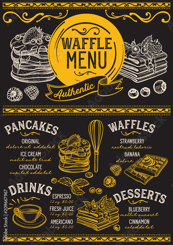 Waffles and crepes restaurant menu. Vector pancake food flyer for bar and cafe. Design template with vintage hand-drawn illustrations.