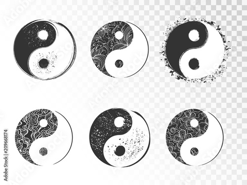 Vector set of hand drawn yin yang signs with grunge and floral elements.