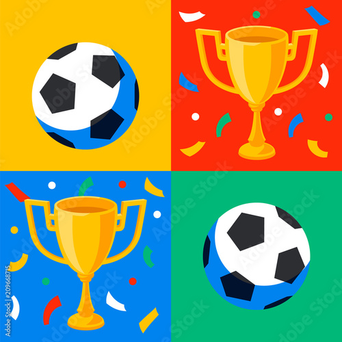 Winner gold cup, football ball and confetti in pop art style. First place prize. Sport winners goblet. Football or soccer championship. Tropy reward. Flat cartoon style