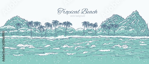 Sandy tropical island with sea waves surf and palm trees. Landscape beach in ocean for summer holiday and tourism. Monochrome vector illustration background for design cards or banner.