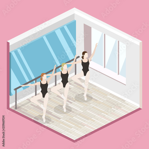 Isometric flat 3D isolated vector cutaway interior empty training dance-hall