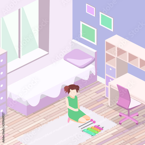 Isometric flat 3D cutaway interior Girls all pink bedroom interior.