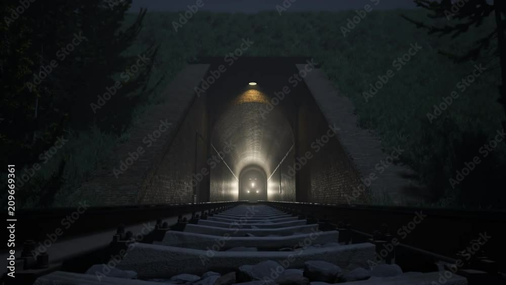 Train leaving an old underground tunnel. Railway transportation. Dark foggy.
