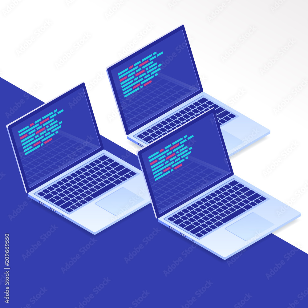 Flat isometric laptop. Conception of programming and software development, program code on laptop screen, big data processing, computing isometric. Vector illustration isolated for web page Flat isometric laptop. Conception of programming and software development, program code on laptop screen, big data processing, computing isometric. Vector illustration isolated for web page