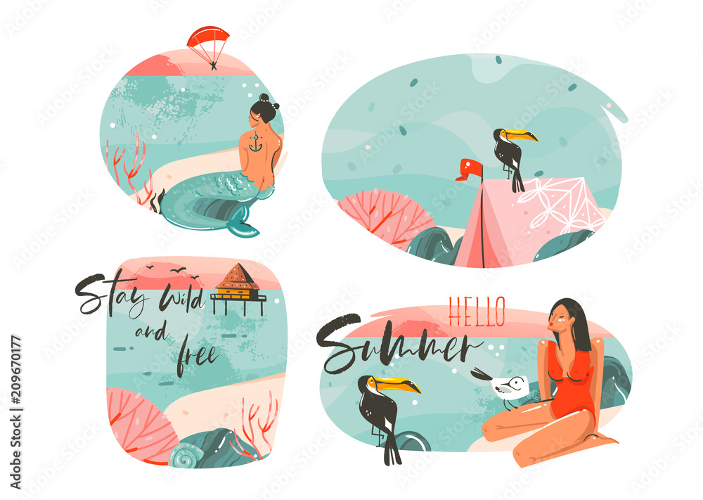 Obraz premium Hand drawn vector abstract graphic cartoon summer time flat illustrations sign collection set with girl,mermaid,camping tent,toucan birds and typography quotes isolated on white background
