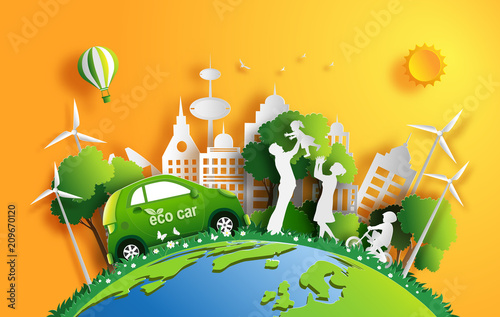 Paper art style of landscape with eco car and green city, family enjoy fresh air in the park, save the planet and energy concept, flat-style vector illustration.