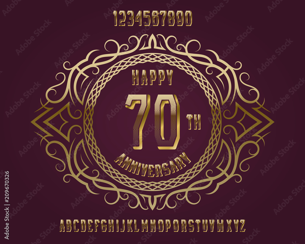 Happy anniversary emblem kit. Golden numbers, alphabet, and patterned frame for creating a memorable sign.