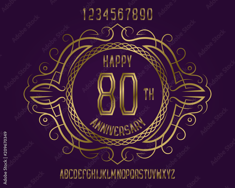 Happy anniversary emblem kit. Golden numbers, alphabet, and patterned frame for creating a memorable sign. Happy anniversary emblem kit. Golden numbers, alphabet, and patterned frame for creating a memorable sign.