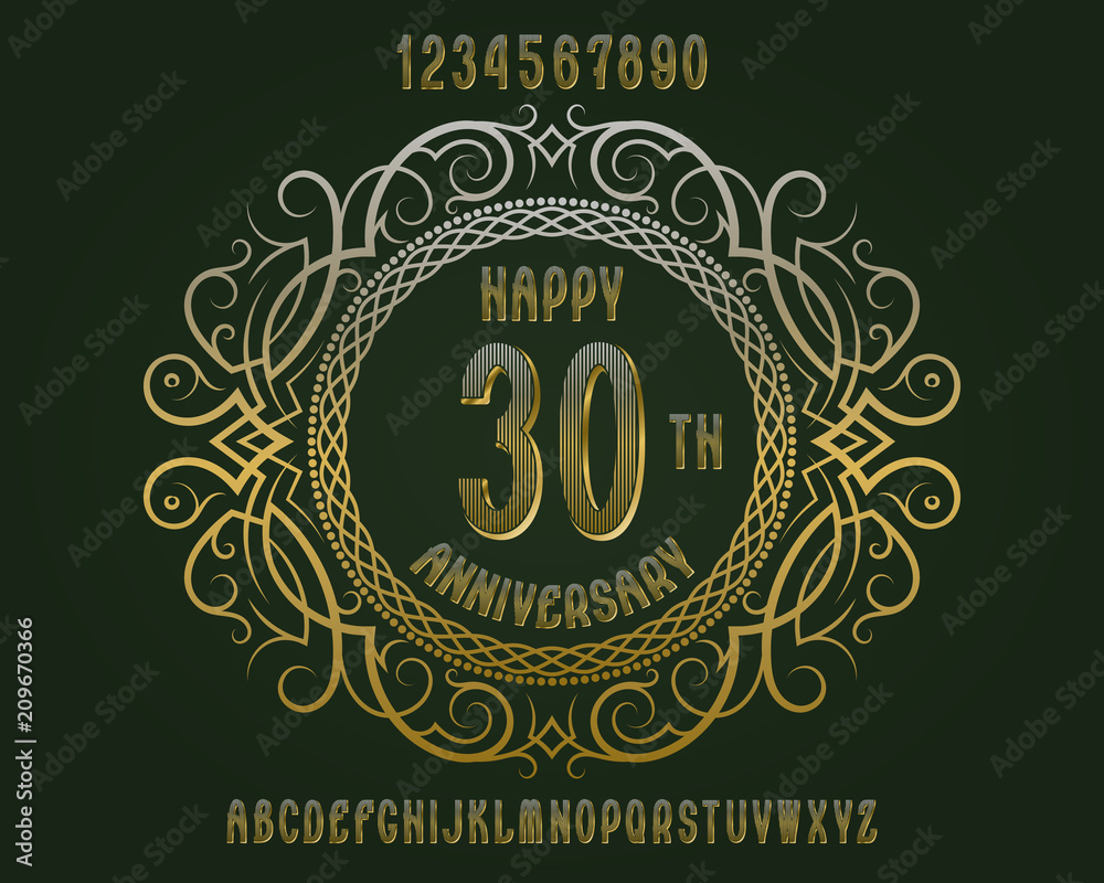 Happy anniversary emblem kit. Golden numbers, alphabet, and patterned frame for creating a memorable sign.