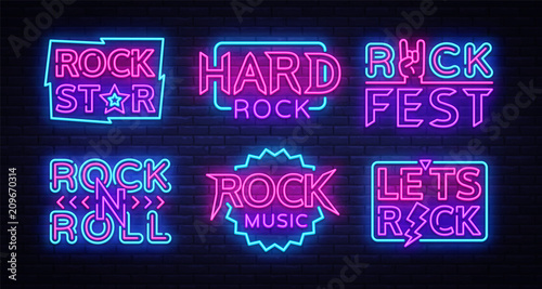 Rock Music Neon Signs Collection Vector. Design template neon signboard on Rock Music, Light banner, Bright Night Advertising, Design elements for Rock Music Festival, Concert. Vector