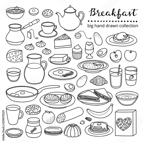 Set of hand drawn breakfast dishes.