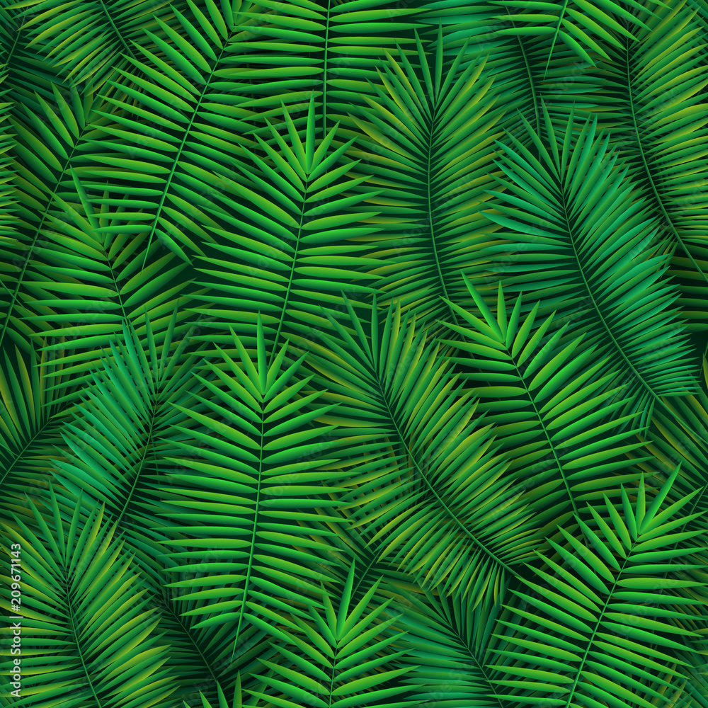 Summer seamless pattern with realistic tropical palm leaves design. Exotic jungle backdrop.