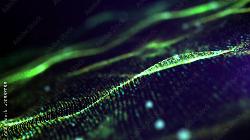 Futuristic Green digital abstract luxurious sparkling wave particles flow de-focus background Futuristic Green digital abstract luxurious sparkling wave particles flow de-focus background