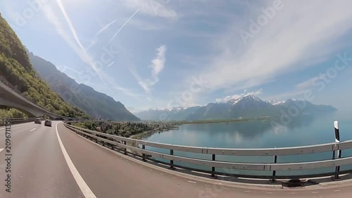 Driving car at Switzerland mountain countryside