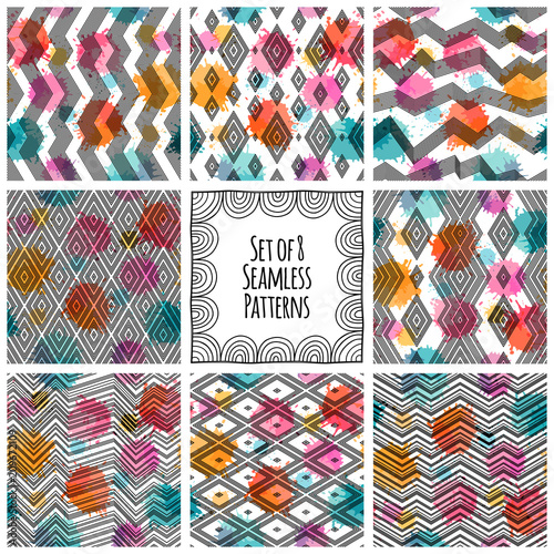 Set of 8 seamless abstract patterns. Can be used on packaging paper, fabric, background for different images, etc.