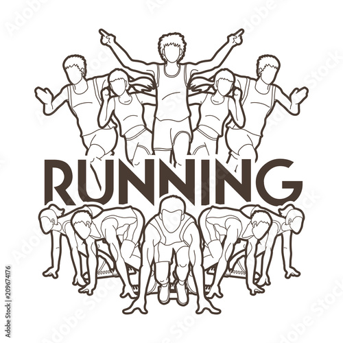 People run, Runner ,Marathon running, Team work running, Group of people running with text running outline graphic vector. 