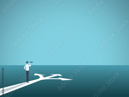 Business or career decision vector concept. Businesswoman standing at crossroads. Symbol of challenge, choice, change, new opportunity.
